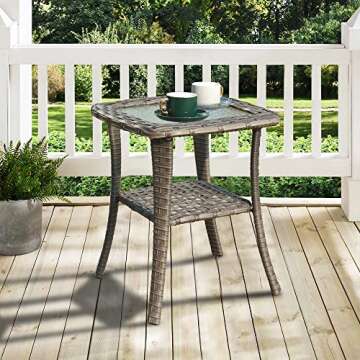 ovios Outdoor Side Table Patio Wicker Coffee Table Patio Tables with Tempered Glass Top Rattan Steel...