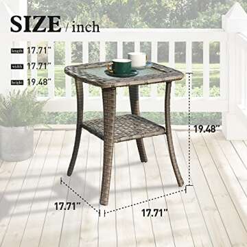 ovios Outdoor Side Table Patio Wicker Coffee Table Patio Tables with Tempered Glass Top Rattan Steel Frame Side Table Square End Table for Yard Deck Porch, Grey Wicker
