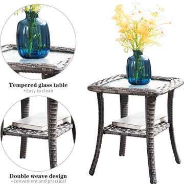 ovios Outdoor Side Table Patio Wicker Coffee Table Patio Tables with Tempered Glass Top Rattan Steel Frame Side Table Square End Table for Yard Deck Porch, Grey Wicker