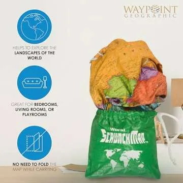 Waypoint Geographic World ScrunchMap, Portable, Easy-to-Store Map of the World, Water and Tear-Resistant Map, Eco-Conscious Unique Gifts, Storage Bag Included, 24" H x 36" W