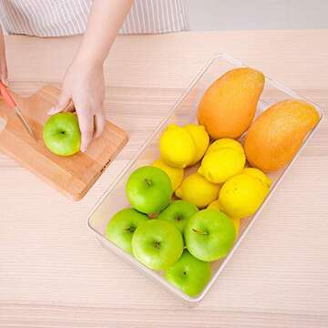 SANNO Vegetable Refrigerator Organizer Food Bins with lids Large Stackable Fridge Clear Organizers Kitchen Cabinet Organizer for Freezer, Kitchen, Countertops, Cabinets Pantry Storage Bins，set of 2