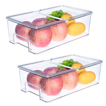 SANNO Vegetable Refrigerator Organizer Food Bins with lids Large Stackable Fridge Clear Organizers Kitchen Cabinet Organizer for Freezer, Kitchen, Countertops, Cabinets Pantry Storage Bins，set of 2