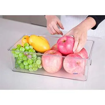 SANNO Vegetable Refrigerator Organizer Food Bins with lids Large Stackable Fridge Clear Organizers Kitchen Cabinet Organizer for Freezer, Kitchen, Countertops, Cabinets Pantry Storage Bins，set of 2