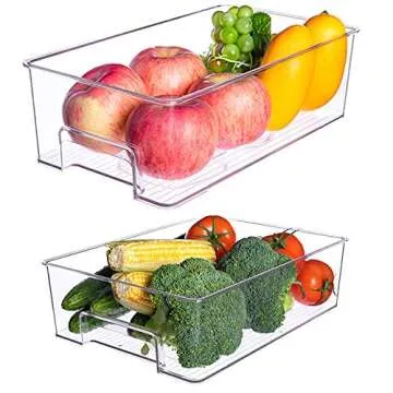 SANNO Vegetable Refrigerator Organizer Food Bins with lids Large Stackable Fridge Clear Organizers Kitchen Cabinet Organizer for Freezer, Kitchen, Countertops, Cabinets Pantry Storage Bins，set of 2