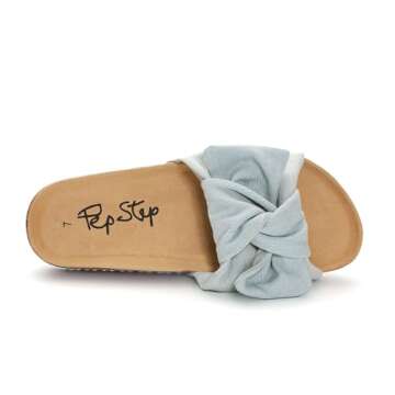 PepStep Slide Sandals for Women or Ladies Dressy Summer Casual, Cute Bow Tie Knot On Top Strap, Comfy Slip On Cork Foot Bed(12,Washed blue)