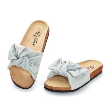 PepStep Slide Sandals for Women or Ladies Dressy Summer Casual, Cute Bow Tie Knot On Top Strap, Comfy Slip On Cork Foot Bed(12,Washed blue)