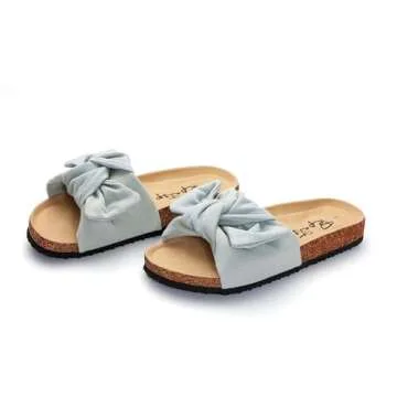 PepStep Slide Sandals for Women or Ladies Dressy Summer Casual, Cute Bow Tie Knot On Top Strap, Comfy Slip On Cork Foot Bed(12,Washed blue)