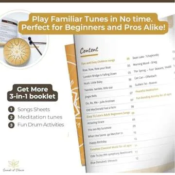 Steel Tongue Drum Calming Gifts - 6 Inch 8 Notes Steel Tongue Drums For Adults, Intuitive Scale For Beginners, Sound Healing Instruments (Drum And Songbook Matte Gold with Mandala)