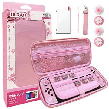 HLRAO Pink Travel Carrying Case Accessories Kit,Sakura Pink Carry Case Compatible with Nintendo Switch OLED.Pink Switch Hard Protective Cover,Adjustable Stand,Screen Protector & Thumb Grips 10 in 1.