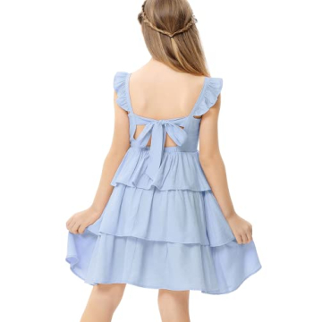 LIONJIE Girls Summer Dresses Sleeveless Square Neck Ruffle Backless Tie Back Casual High Waist Dress...