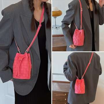 Extolove Bucket Purses for Women, Mini Leather Woven Bucket Bag Drawstring Purse Hobo Crossbody Buck...
