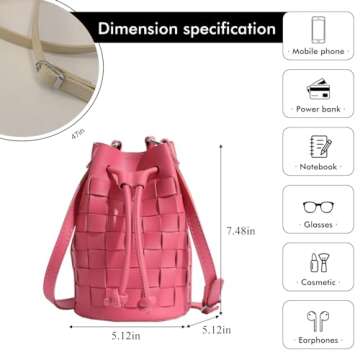 Extolove Bucket Purses for Women, Mini Leather Woven Bucket Bag Drawstring Purse Hobo Crossbody Bucket Handbags (Pink)