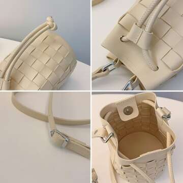 Extolove Bucket Purses for Women, Mini Leather Woven Bucket Bag Drawstring Purse Hobo Crossbody Bucket Handbags (Pink)