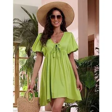 NECIOUS Women Casual Summer Dress - Green V Neck Style