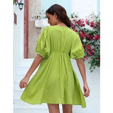 NECIOUS Women Casual Summer Dress - Green V Neck Style