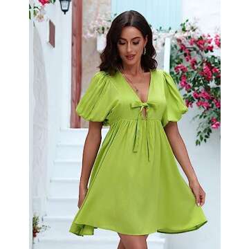 NECIOUS Casual Dresses for Women Summer Dresses for Women 2023 Casual Women'S Casual Dresses Green Dress Vacation Dresses for Women Loose Dress V Neck Tie Front