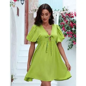 NECIOUS Women Casual Summer Dress - Green V Neck Style