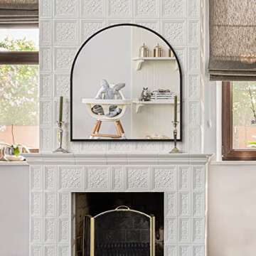 CISTEROMAN Arched Mirror, 33.5x31.5in, Black Metal Frame, Wall Mount, Modern Arch Top Mirror, Home Decor, Bathroom, Bedroom, Fireplace