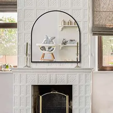 CISTEROMAN Arched Mirror, 33.5x31.5in, Black Metal Frame, Wall Mount, Modern Arch Top Mirror, Home Decor, Bathroom, Bedroom, Fireplace