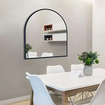 CISTEROMAN Arched Mirror, 33.5x31.5in, Black Metal Frame, Wall Mount, Modern Arch Top Mirror, Home Decor, Bathroom, Bedroom, Fireplace