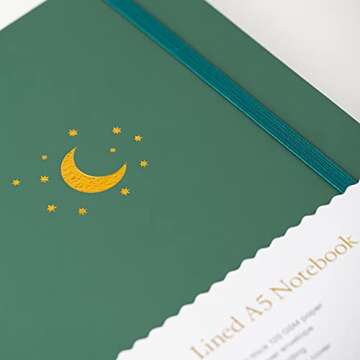 Yop & Tom A5 Lined Journal - Notebook with Vegan Leather Cover and Moon & Stars Emblem - Forest Gree...