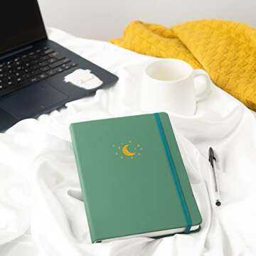 Yop & Tom A5 Lined Journal - Notebook with Vegan Leather Cover and Moon & Stars Emblem - Forest Green