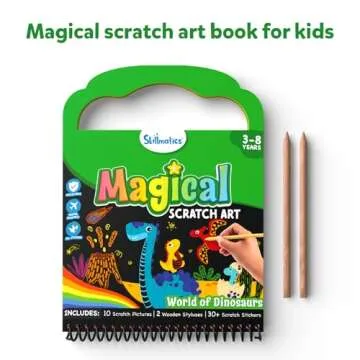 Skillmatics Scratch Art Book for Kids - Dinosaurs, Craft Kits & Supplies, 30+ Scratch Stickers, Travel Toys, DIY Kit, Gifts for Boys & Girls Ages 3, 4, 5, 6, 7, 8