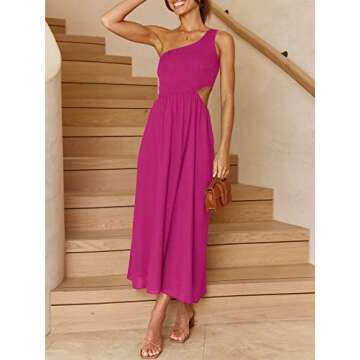 ANRABESS Women's Summer Sleeveless Smocked One Shoulder Cutout Sundress Flowy A-Line Beach Long Maxi Dress A539meihong-S Rose