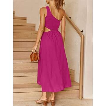 ANRABESS Women's Summer Sleeveless Smocked One Shoulder Cutout Sundress Flowy A-Line Beach Long Maxi Dress A539meihong-S Rose