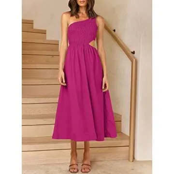 ANRABESS Women's Summer Sleeveless Smocked One Shoulder Cutout Sundress Flowy A-Line Beach Long Maxi Dress A539meihong-S Rose