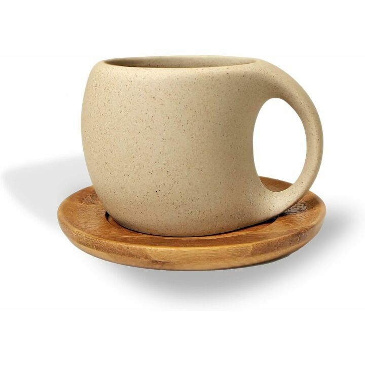 Ceramic Mug with Wood Saucer Perfect for Coffee & Tea