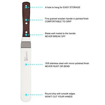1Easylife Offset Cake Icing Spatula Set with Wooden Handle, 7.5" - 10.8" - 12.8" Angled Cake Frosting Spatula, Professional Stainless Steel Cake Decorating Spatulas