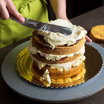 1Easylife Offset Cake Icing Spatula Set with Wooden Handle, 7.5" - 10.8" - 12.8" Angled Cake Frosting Spatula, Professional Stainless Steel Cake Decorating Spatulas