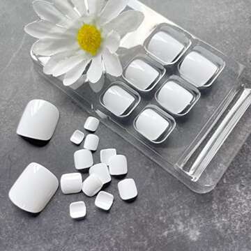 KSTBJN White Press on Toenails Square Fake Toenails Gloss Glue on Toenails Full Cover Solid Color Acrylic Toenails Cute Short False Toenails Summer Beach Artificial Toenails for Women and Girls 24Pcs