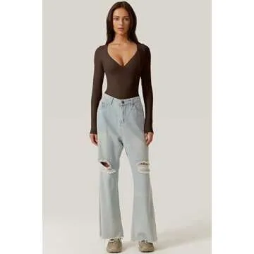 QINSEN Sexy Bodysuit for Women Sweetheart Neckline High Cut Thong Tops Long Sleeve Shirt Coffee Bean S