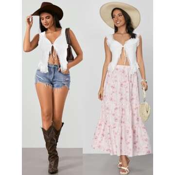 OYOANGLE Women's Summer Casual Tie Front Top Sleeveless V Neck Lace Trim Going Out Crop Blouse White S