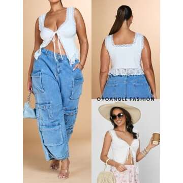 OYOANGLE Women's Summer Casual Tie Front Top Sleeveless V Neck Lace Trim Going Out Crop Blouse White S