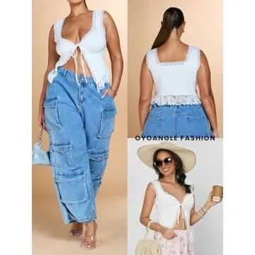 OYOANGLE Women's Summer Casual Tie Front Top Sleeveless V Neck Lace Trim Going Out Crop Blouse White S