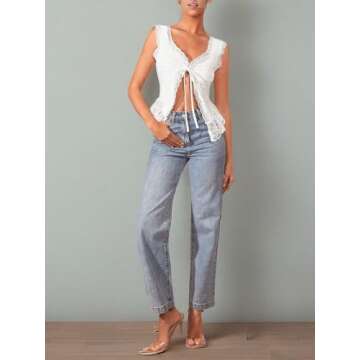 OYOANGLE Women's Summer Casual Tie Front Top Sleeveless V Neck Lace Trim Going Out Crop Blouse White S