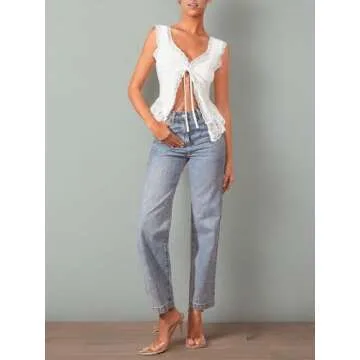 OYOANGLE Women's Summer Casual Tie Front Top Sleeveless V Neck Lace Trim Going Out Crop Blouse White S