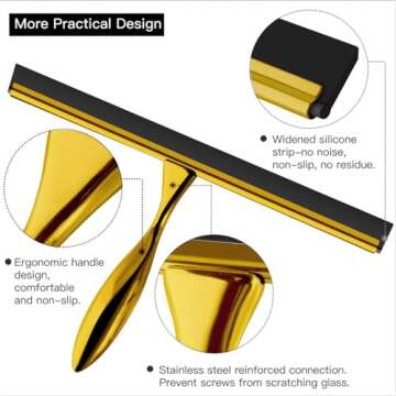 peafowl 10 inch Shower Squeegee Stainless Steel Bath Squeegee for Shower Glass Doors Bathroom Windows Kitchen Mirror and Car Glass with Hooks Holder (10 inch, Gold)