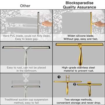 peafowl 10 inch Shower Squeegee Stainless Steel Bath Squeegee for Shower Glass Doors Bathroom Windows Kitchen Mirror and Car Glass with Hooks Holder (10 inch, Gold)