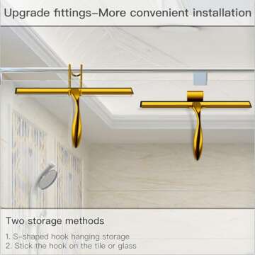 peafowl 10 inch Shower Squeegee Stainless Steel Bath Squeegee for Shower Glass Doors Bathroom Windows Kitchen Mirror and Car Glass with Hooks Holder (10 inch, Gold)