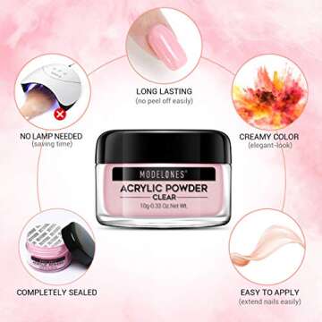 Modelones Acrylic Powder and Liquid Set Glitter Pink Acrylic Nail Kit with Professional Acrylic Nail Brush & Liquid Monomer No Need Nail Lamp, Long-Wear, MMA Free Liquid