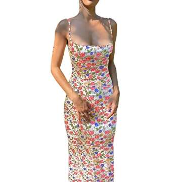 KMBANGI Women Cutout Backless Maxi Dress Sexy Sleeveless Floral Cocktail Dresses Bodycon Spaghetti Strap Long Dress Party(Flower Colorful,L)