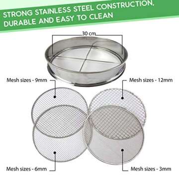 Practicool Garden Potting Mesh Sieve - Sifting Pan - Stainless Steel Riddle - Mix Soil Filter - with 4 Interchangeable Mesh Sizes - 3, 6, 9, 12mm