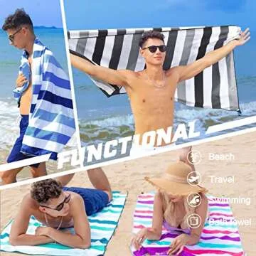 Exclusivo Mezcla Large Microfiber Quick Dry Beach Towel, Lightweight Sand-Free Cabana Stripe Pool Travel Camping Towel with Bag (Green, 30x60 Inches)