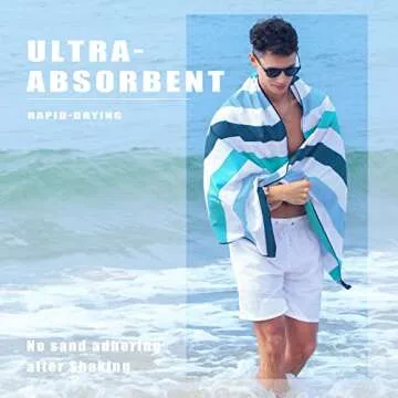 Exclusivo Mezcla Large Microfiber Quick Dry Beach Towel, Lightweight Sand-Free Cabana Stripe Pool Travel Camping Towel with Bag (Green, 30x60 Inches)