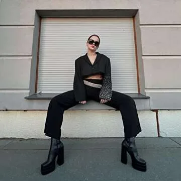 VOMIRA Platform Mid Calf Boots for Women Square Toe High Heel Go Go Boots Black Chunky Heel Slide Zip Platform Boots