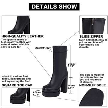 VOMIRA Platform Mid Calf Boots for Women Square Toe High Heel Go Go Boots Black Chunky Heel Slide Zip Platform Boots